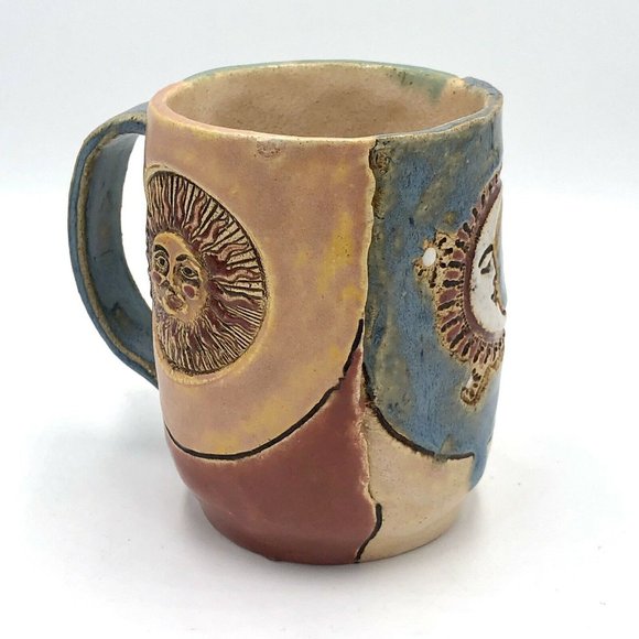 Original Signed Studio Art Pottery Mug Cup Boho Sun and Moon Design Nancy - Picture 1 of 6
